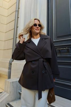 Acı Kahve Oversize Düşük Omuz Kısa Trenç