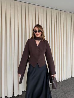 Kahverengi Vatkalı Fularlı Ceket