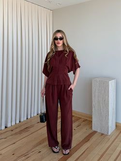 Renk – Bordo Yarasa Kol Belden Oturtma Bluz Salaş Pantolon Takım