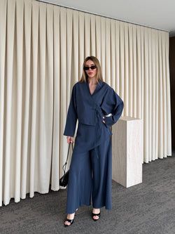 İndigo Pantolon Ek Parça Detaylı Kimono Takım