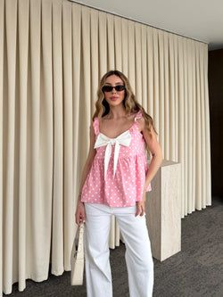 Pembe Önü Fiyonklu Puantiyeli Bluz