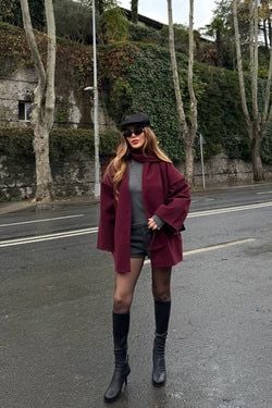 Bordo Atkılı Kaşe Ceket