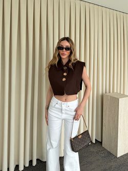 Kahverengi Poplin Crop Yelek
