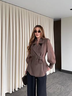 Kahverengi Vatkalı Transparan Gömlek