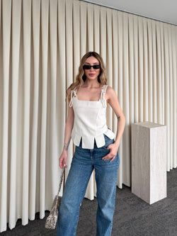 Natural Keten Dilimli Bluz