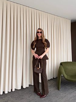 Kahverengi Balon Kol Asimetrik Bluz Pantolon Takım