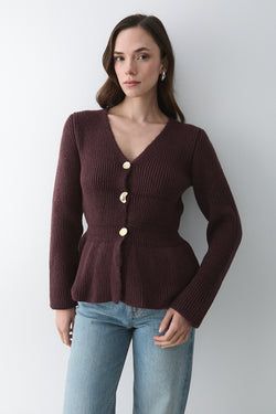 Bordo 3 Düğmeli Pileli Hırka