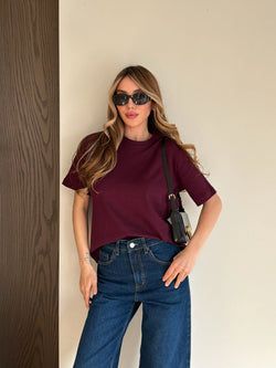 Bordo Kısa Kollu Düz Tshirt