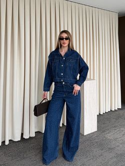 Lacivert Taşlı Denim Takım