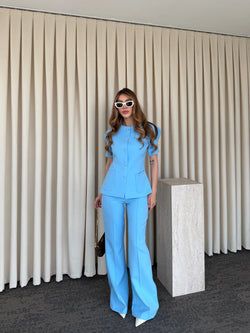 Mavi Balon Kol Düğmeli Ceket Pantolon Takım