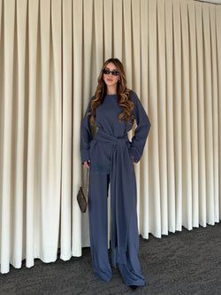 İndigo Kuşaklı Dantel Detaylı Bluz Pantolon Takım