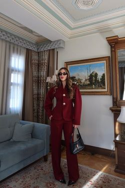 Bordo Gold Düğme Detaylı Belden Oturtma Takım