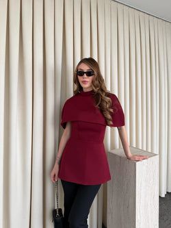 Bordo Pelerinli Straplez Bluz