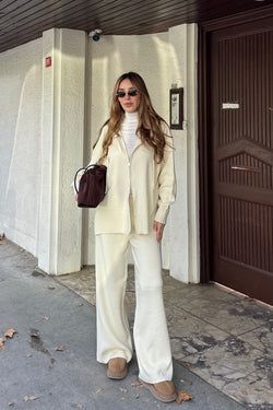 Krem Fermuarlı Kapüşonlu Triko Takım