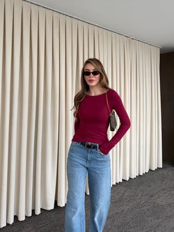 Bordo Bisiklet Yaka Uzun Kollu Body