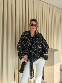 Siyah Bağlamalı Puantiyeli Şifon Bluz