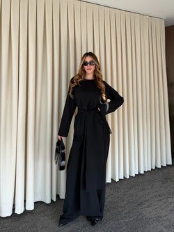 Siyah Kuşaklı Dantel Detaylı Bluz Pantolon Takım