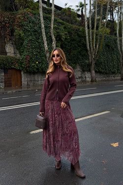 Bordo Etnik Desenli Şifon Etek
