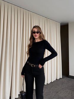 Siyah Bisiklet Yaka Uzun Kollu Body