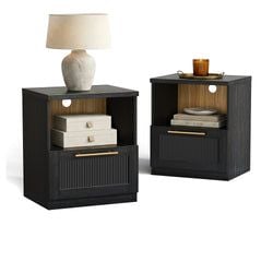 Style – Black Wave-Panel Nightstand，set of 2